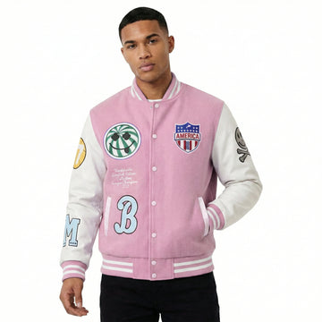 Premium Embroidered Letterman Baby Pink Jacket  – Wool Body with Leather Sleeves, Classic Varsity Jacket