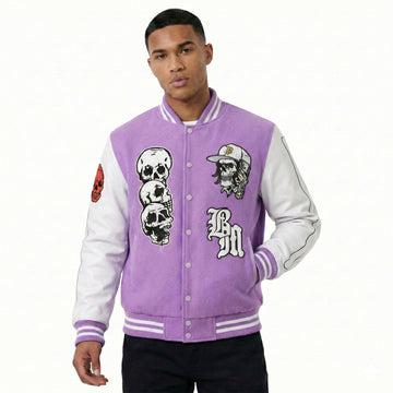 Premium Embroidered Letterman Lilac Jacket  – Wool Body with Leather Sleeves, Classic Varsity Jacket