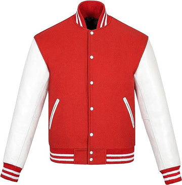 Men’s Red and White Varsity Jacket – Classic Letterman Bomber with Leather Sleeves