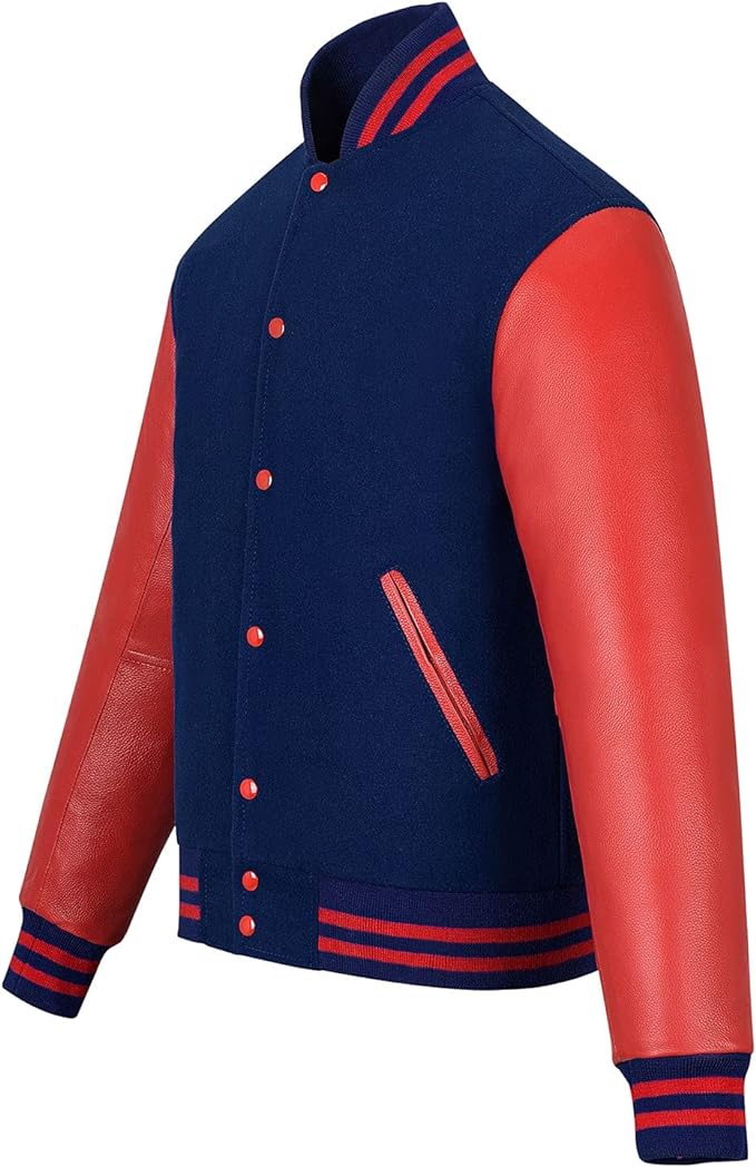 Men’s Navy Blue and Red Varsity Jacket – Classic Letterman Bomber with Leather Sleeves