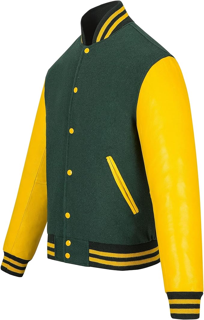 Green & Yellow Varsity Jacket – Classic Wool & Leather Letterman Style