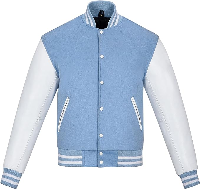 Men’s Light Blue and White Varsity Jacket – Classic Letterman Bomber