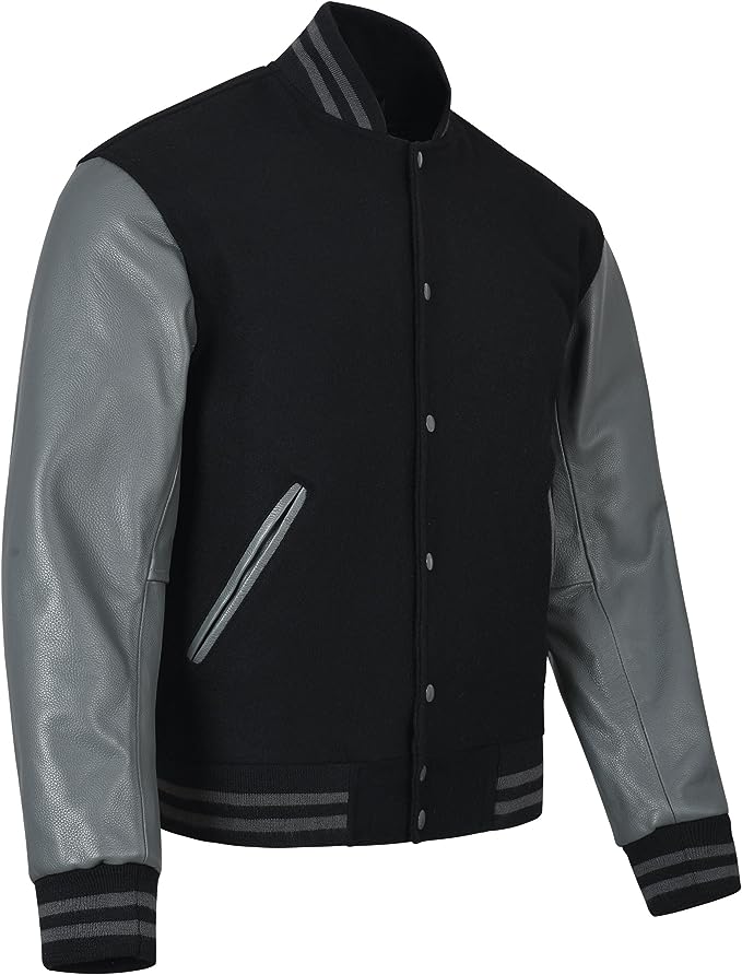Men’s Black and Grey Varsity Jacket – Classic Letterman Bomber