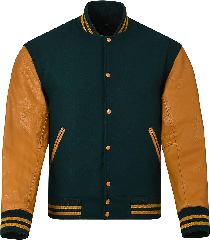 Premium Varsity Jacket – Green & Mustard Leather Sleeve Edition