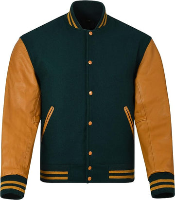 Premium Varsity Jacket – Green & Mustard Leather Sleeve Edition
