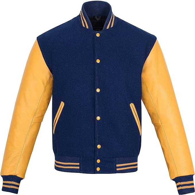 Navy Blue & Yellow Varsity Jacket – Classic Letterman Style